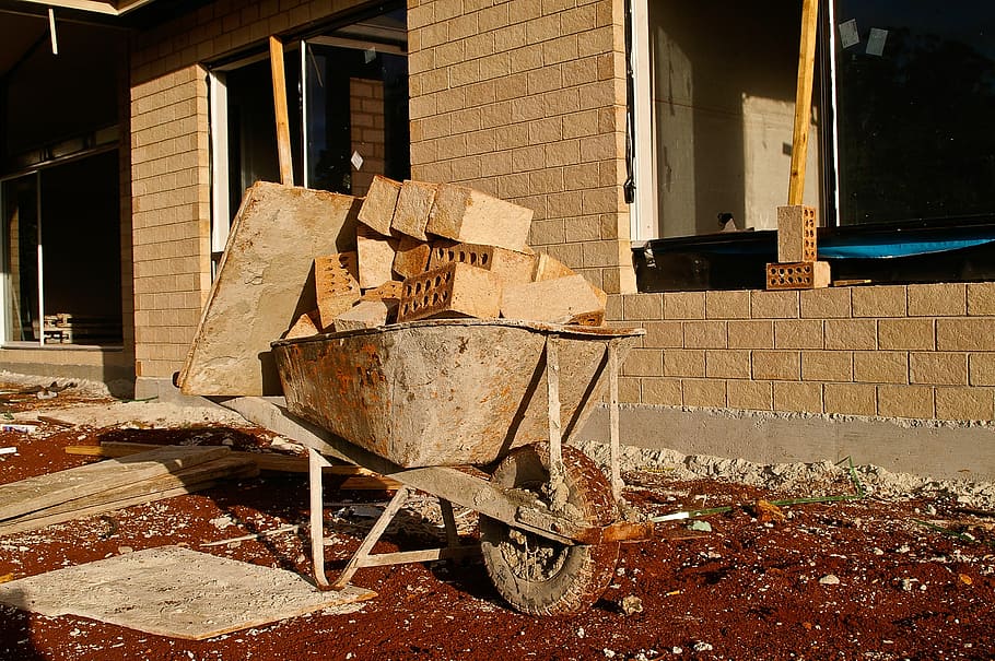 wheelbarrow with bricks, wheel-barrow, wall, house building HD wallpaper