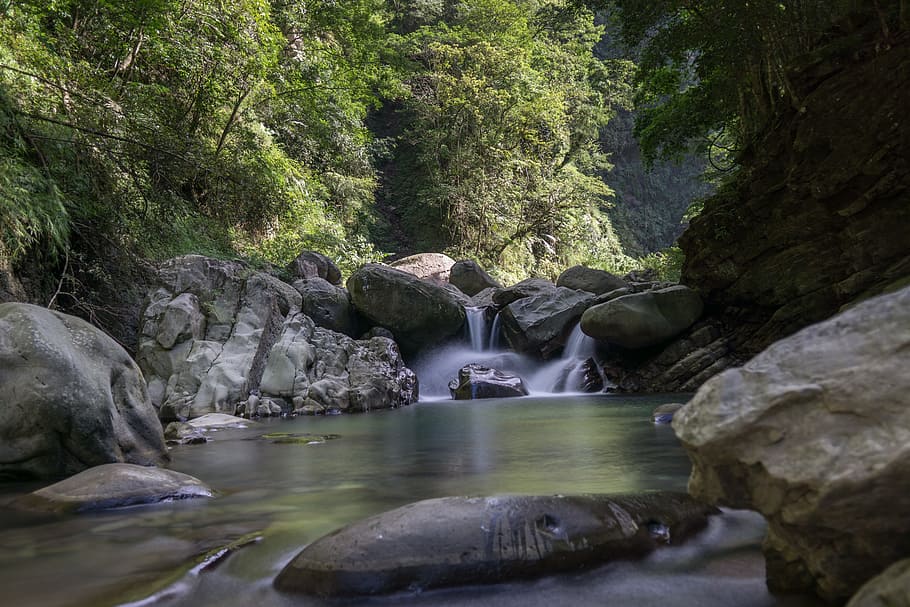waterfall, nature, river, long exposure, environment, stone HD wallpaper