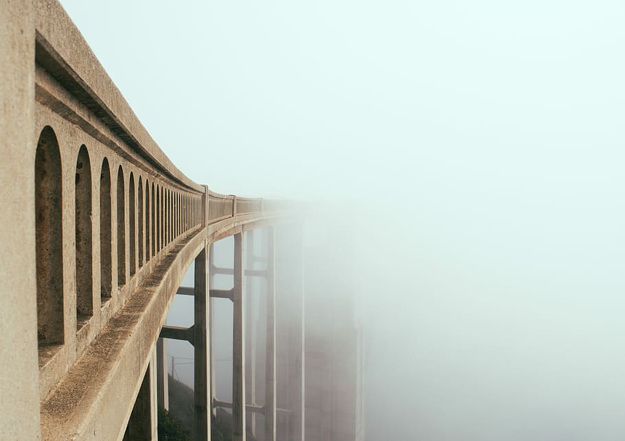 architectural photography of brown bridge, mist, fod, fog, edgar guerra