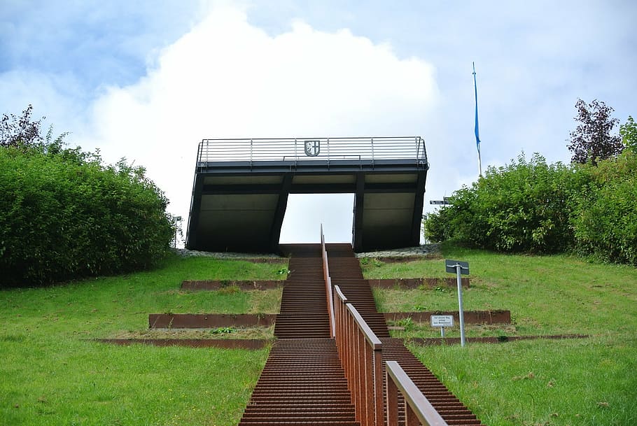 trap, view, top, hemmeltrap, fall, steel staircase, plant, sky HD wallpaper