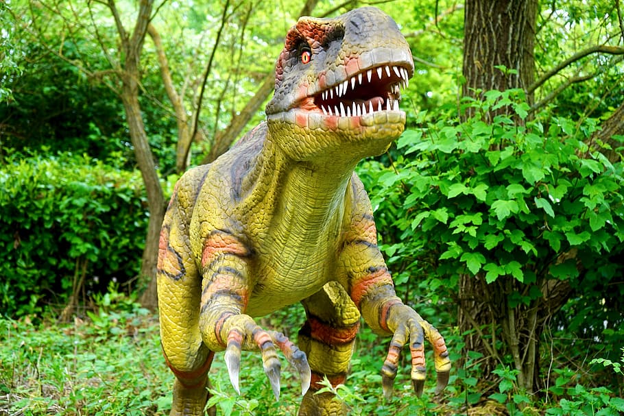 nature, forest, trees, grass, dinosaur, figure, idyllic, leaves HD wallpaper
