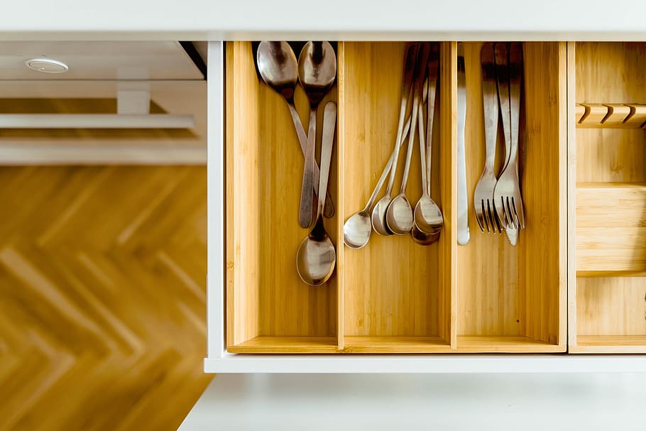 silver flatware in brown wooden drawer, house, kitchen, interior, HD wallpaper