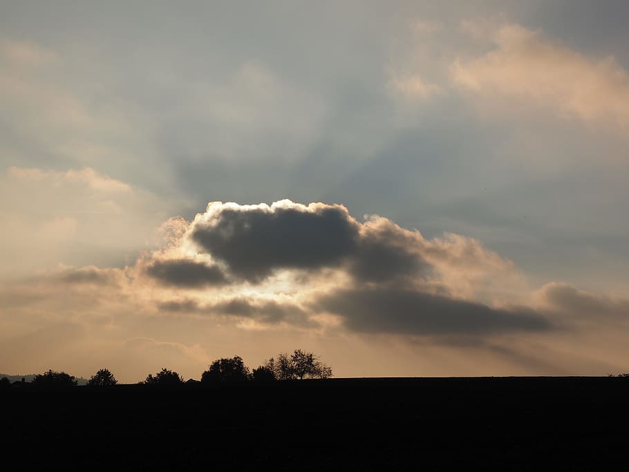 Cloud, Sunset, Dramatic, Sunbeam, Rays, god rays, field, horizon HD wallpaper