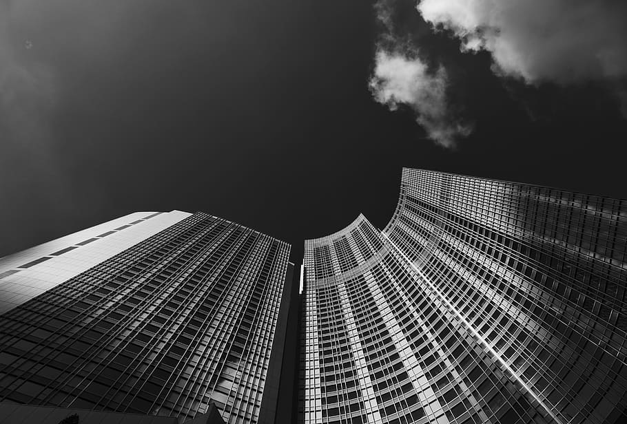 low angle grayscale photography of skyscraper, photography of gray tower during daytime HD wallpaper