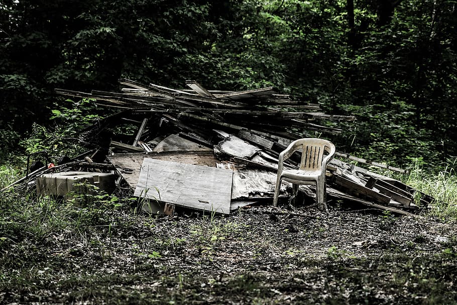 abandoned, broken, chair, damage, dirty, grass, ground, junk HD wallpaper