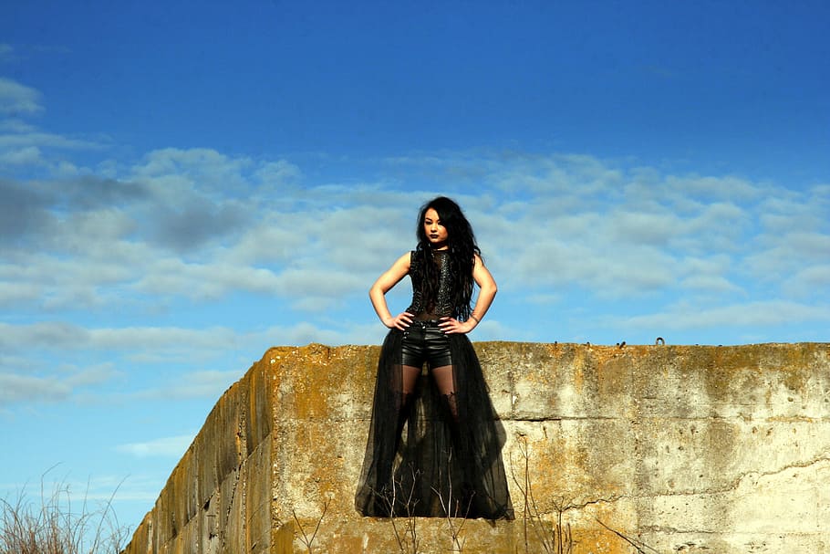 woman sitting on concrete platform, girl, gothic, sky, cloud HD wallpaper