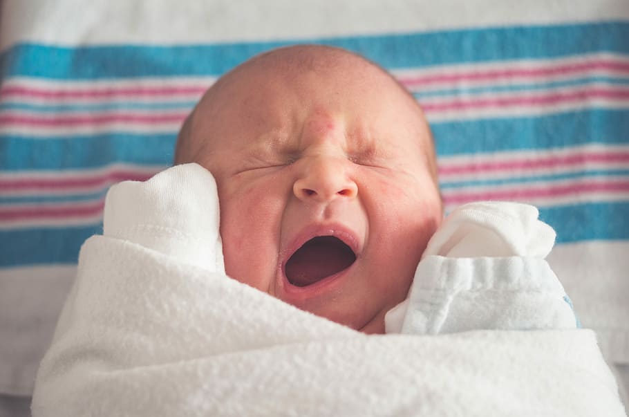 baby yawning, baby in blanket yawning, newborn, infant, crying