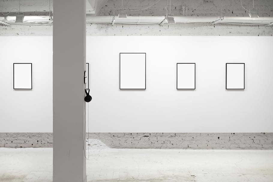four white wall photo frames in room, black wooden photo frame wall decor HD wallpaper