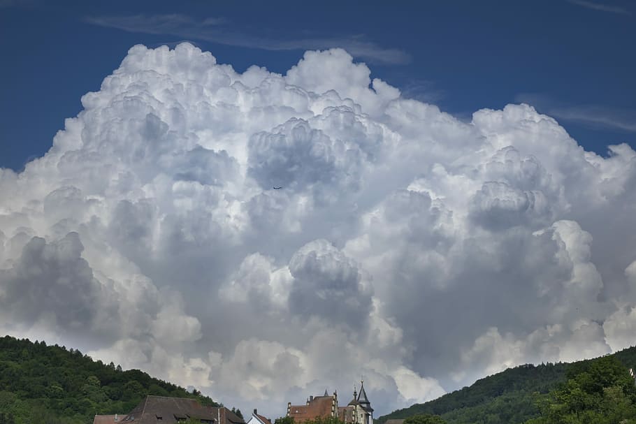 white clouds over green mountains, aircraft, storm clouds, weather HD wallpaper