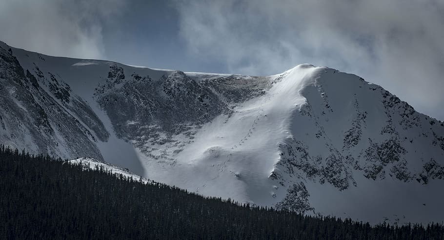 snow-covered mountain and trees, highland, cloud, sky, summit HD wallpaper