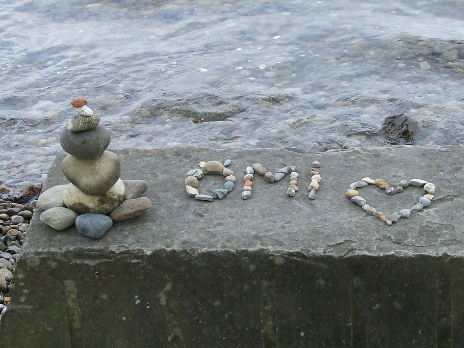 stone turrets, stones, heart, pattern, love, water, lake, stacked together HD wallpaper