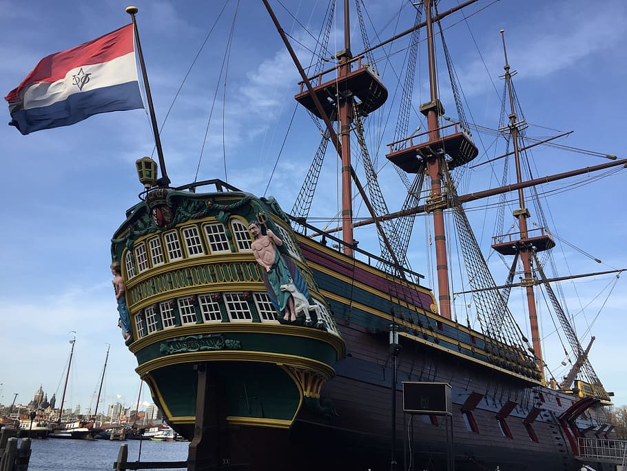 ship amsterdam, flag, seafaring, nautical vessel, sky, low angle view HD wallpaper