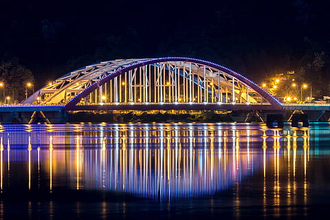 landscape photography of gray concrete bridge, chuncheon, night view HD wallpaper