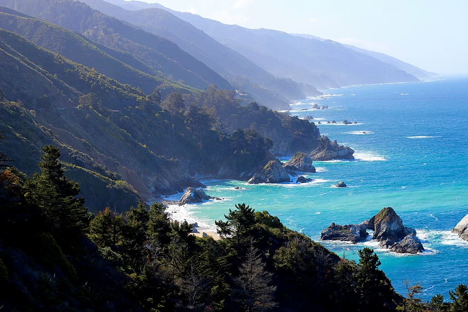 mountain near the ocean, big sur, california, pacific, coast, HD wallpaper