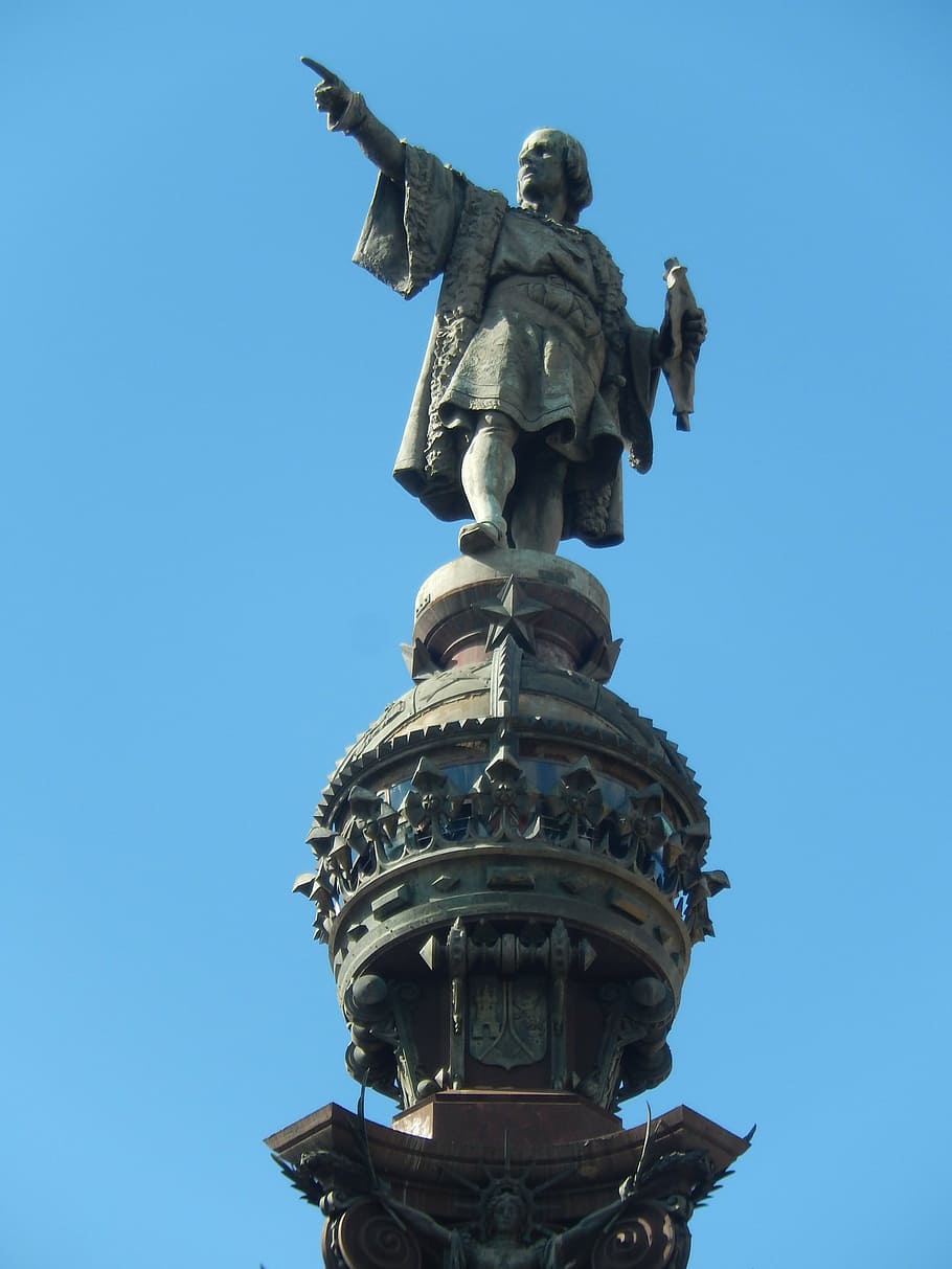 gray concrete male statue, christopher colombus, barcelona HD wallpaper