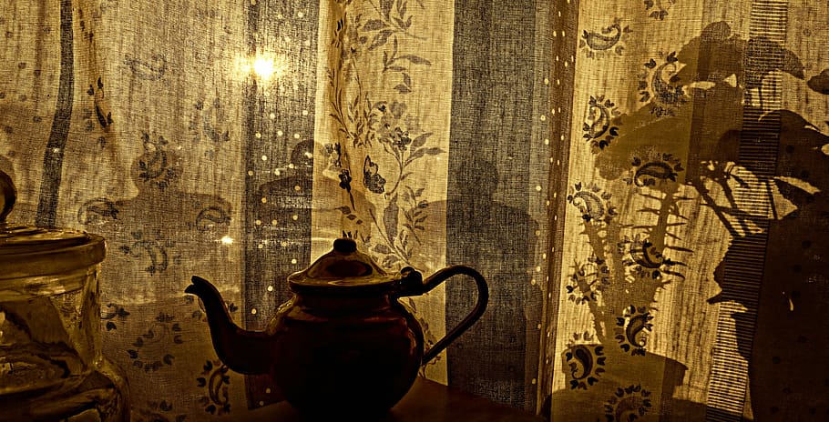brown teapot, silhouette, window, curtain, objects, object silhouette HD wallpaper