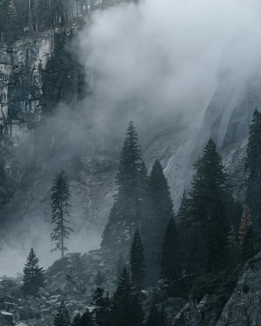 snowy mountain with fogs, foggy snow-covered mountain, rock, cloud HD wallpaper