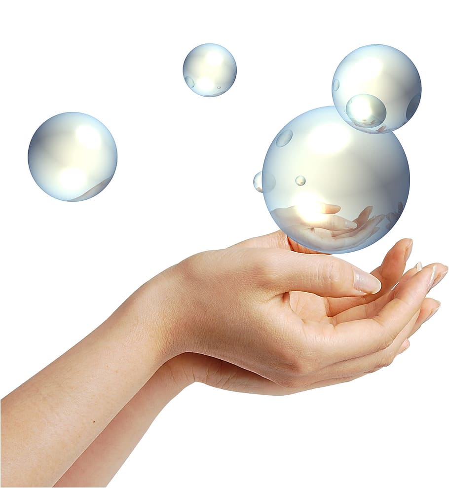 person holding bubbles photo, hands, blow, balls, soap bubble