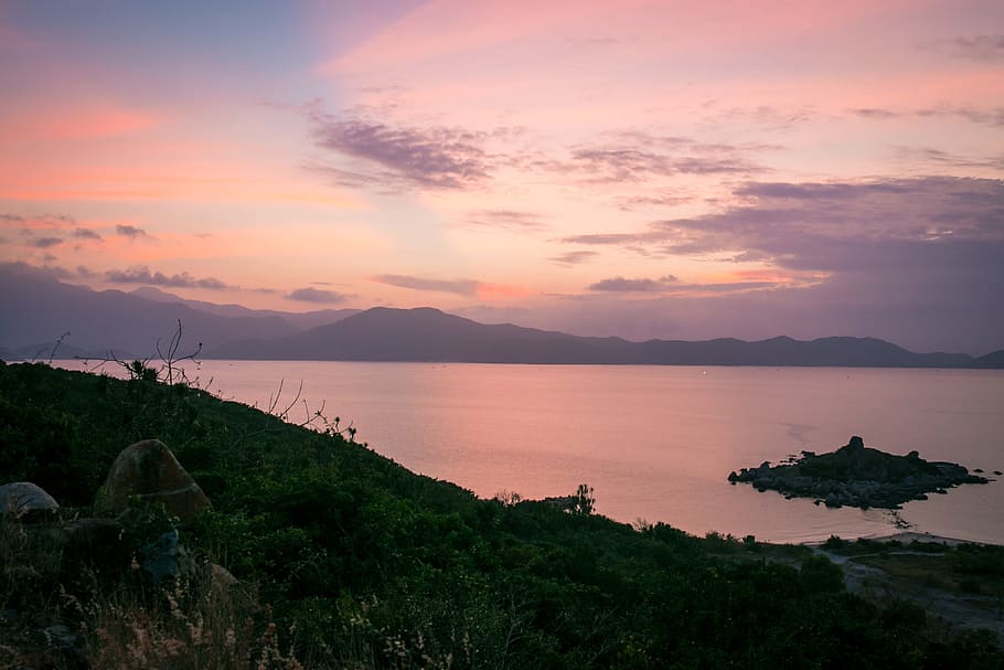 sunset, dusk, sky, landscape, mountains, lake, water, outdoors HD wallpaper