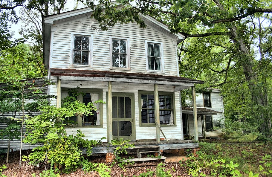 white wooden 2-story house in middle of forest, abandoned, vacant, HD wallpaper