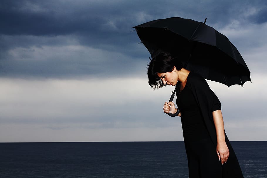 person in black holding a umbrella, only, sad, depression, abandoned, HD wallpaper