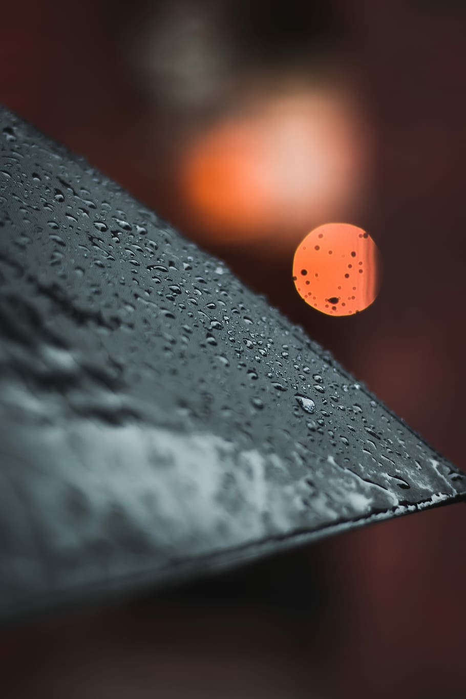 black umbrella with water droplets, untitled, rain, bokeh, orange HD wallpaper