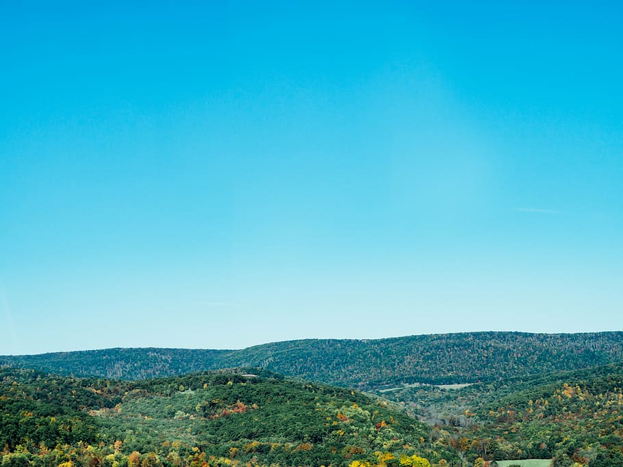 green terrain photo, aerial, photography, forest, blue, sky HD wallpaper