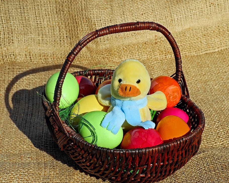 yellow chick plush toy on black wicker picnic basket, easter theme HD wallpaper