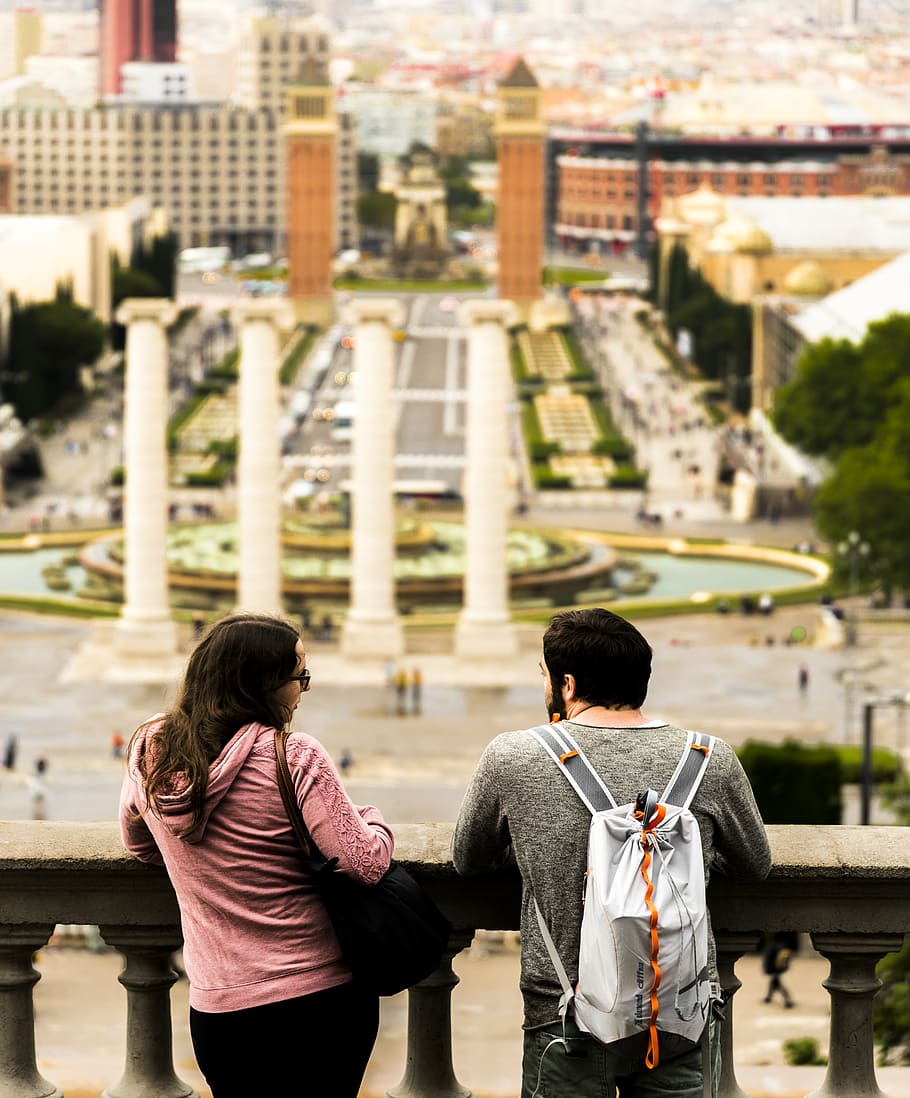 architecture, backpack, balustrade, blur, buildings, city, couple HD wallpaper