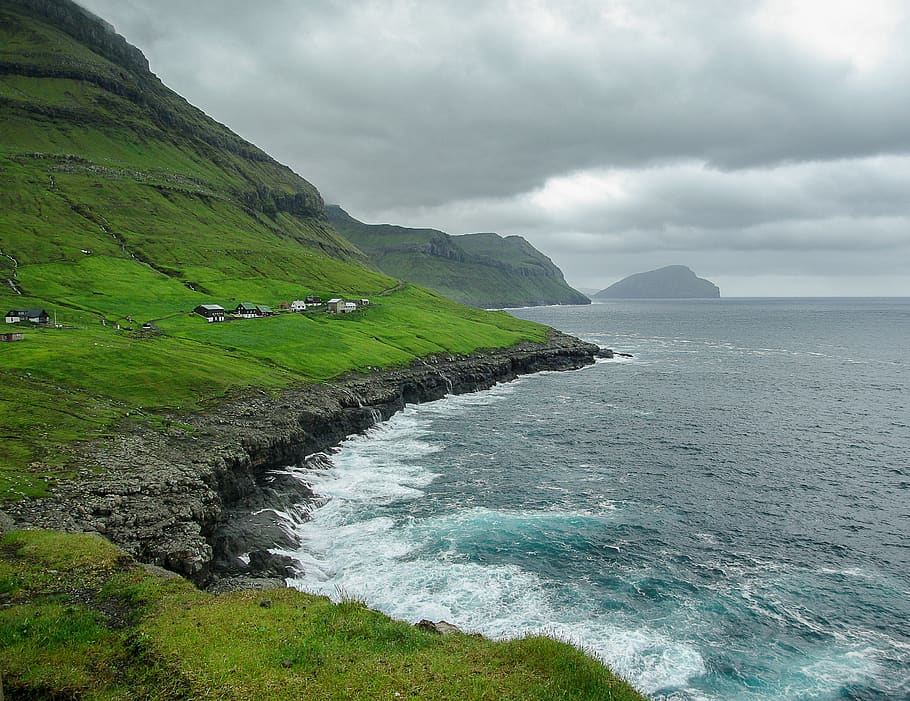 faroes, rocks, pastures, cliffs, water, beauty in nature, sea HD wallpaper
