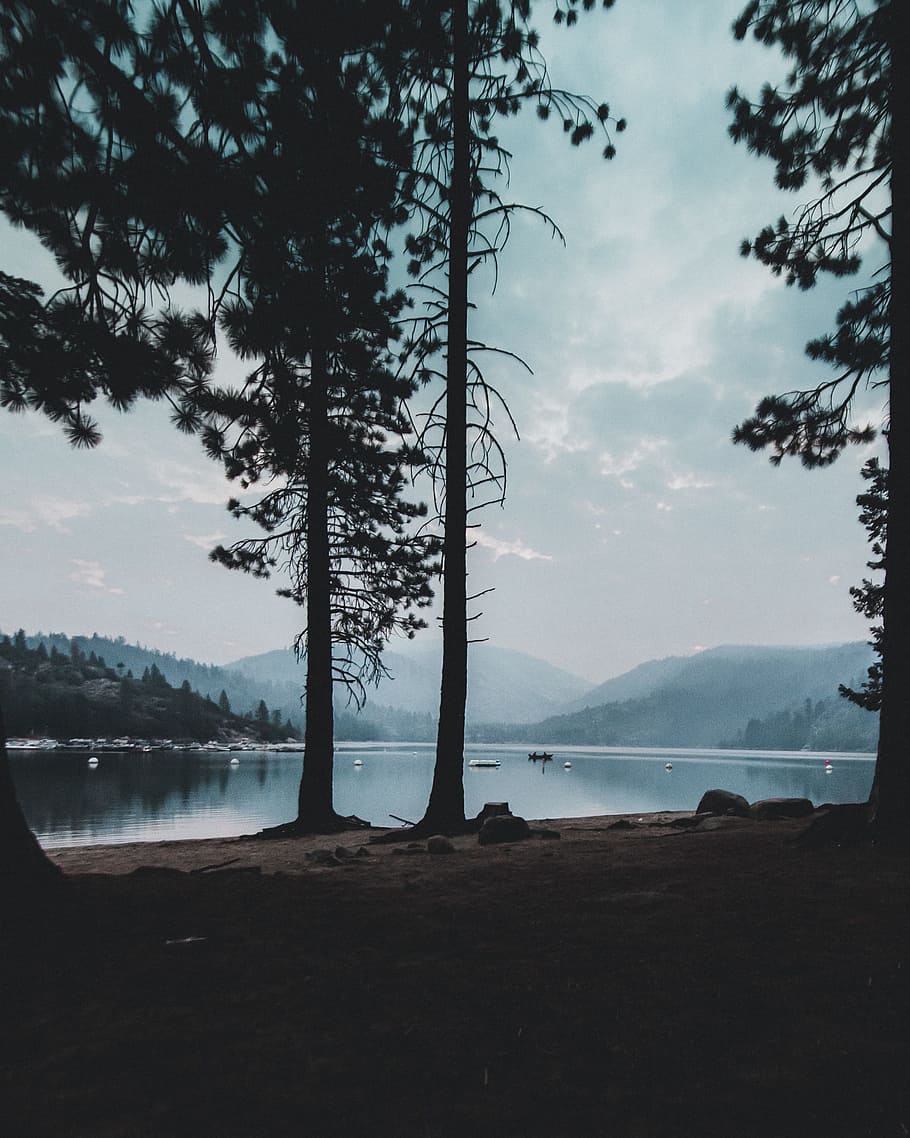 landscape, mountains, nature, sky, branches, calm waters, clouds HD wallpaper