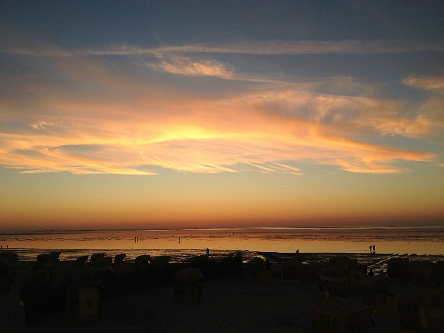 sea, sunset, clouds, landscape, cloudscape, wadden sea, sky HD wallpaper