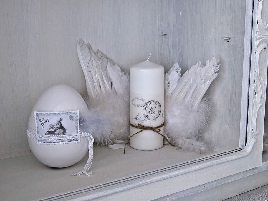 white candle beside feather on rack, Holiday, Christen, Easter Eggs HD wallpaper
