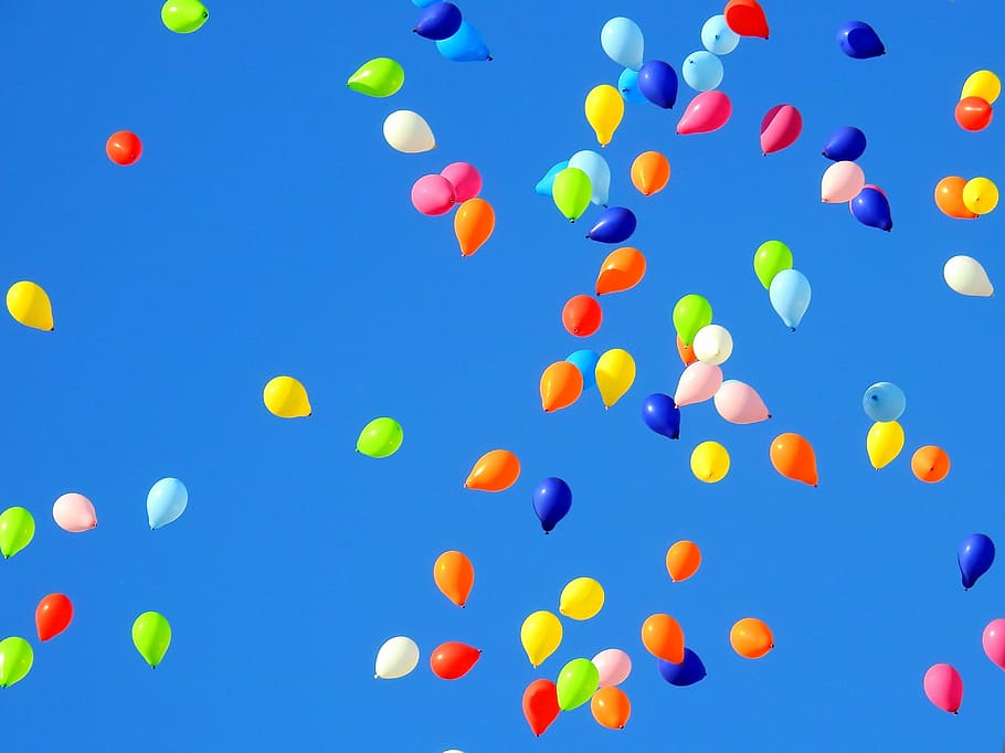 assorted-colored balloons floating in sky, party, carnival, move, HD wallpaper