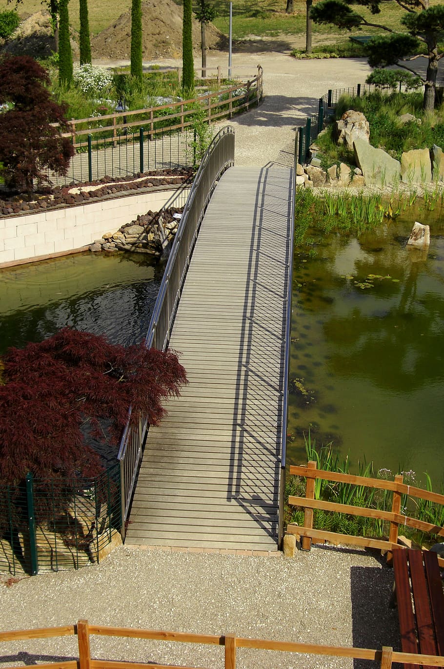 bridge, park, pond, nature, scenic, water, railing, architecture HD wallpaper