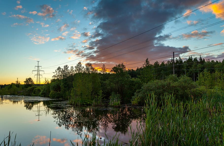 nature, panoramic, sky, reflection, dawn, landscape, clouds HD wallpaper
