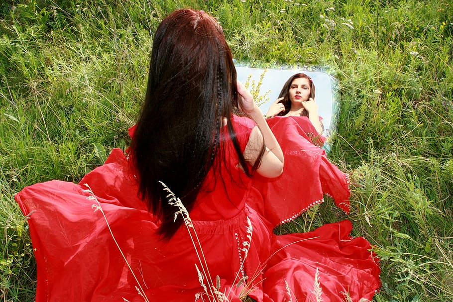 girl, mirror, red, reflection, nice, portrait, red lipstick HD wallpaper