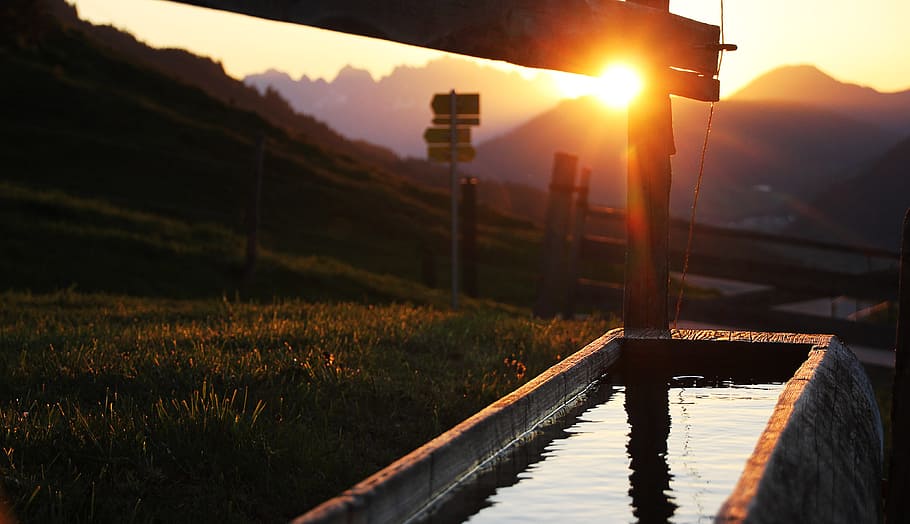 body of water in rectangular container beside grass field, Sunset HD wallpaper