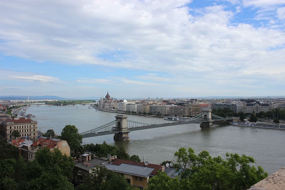 bridge, sky, river, travel, architecture, blue, water, landscape HD wallpaper