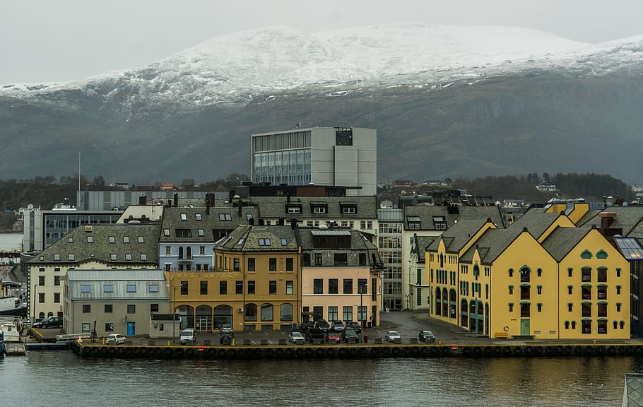 Norway, Coast, Alesund, Mountains, Snow, norway coast, architecture, HD wallpaper