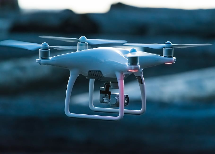 photo of white flying quadcopter, white drone, camera, blue, transportation HD wallpaper