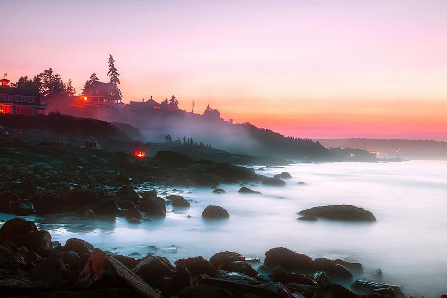 Ogunquit sunset over misty seashore in Maine, coastline, public domain HD wallpaper