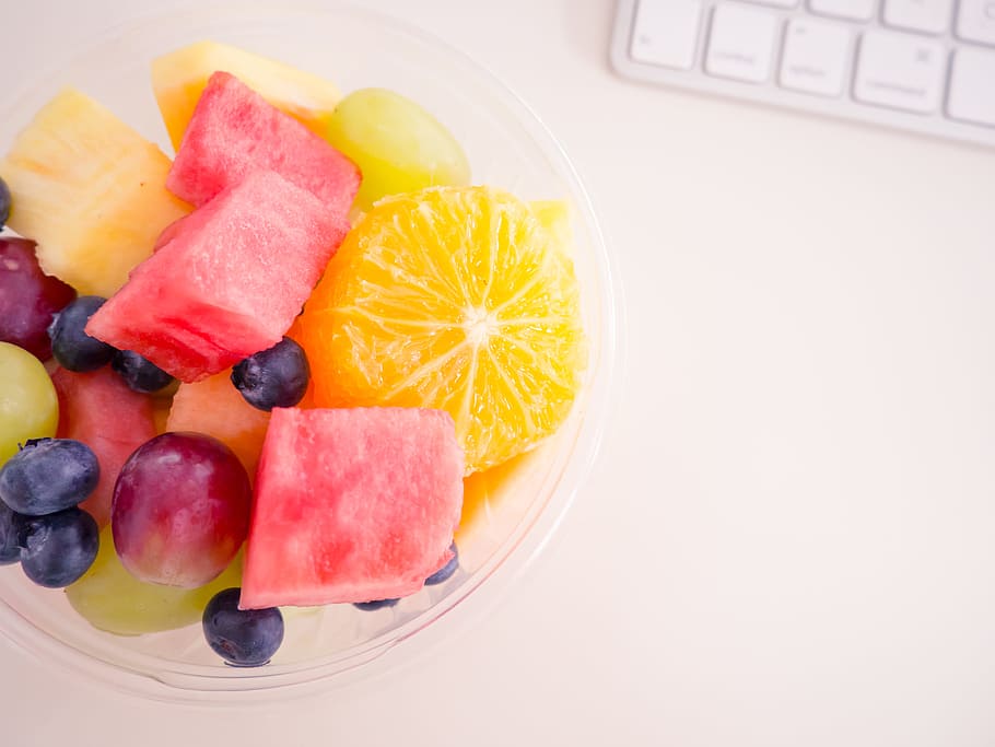 Fruit in Cup on Desk, grape, keyboard, watermelon, white desk HD wallpaper