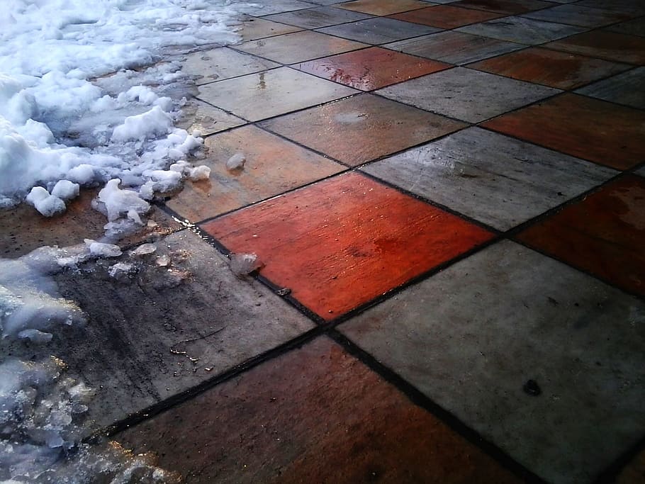 ice on red and brown checked surface, ground, tile, tiles, snow HD wallpaper