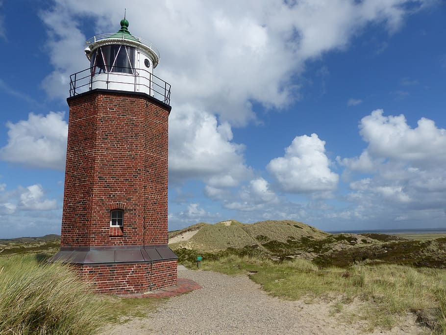 sylt, lighthouse, clouds, blue sky, summer, landscape, masonry HD wallpaper