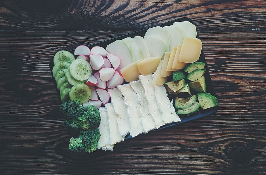 Vegetables with cheese plate, avocado, broccoli, cucumber, healthy HD wallpaper