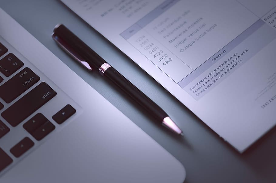 two black twist pen near laptop, business, document, paper, accounting, HD wallpaper