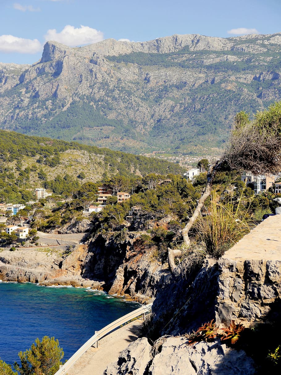 spain, mallorca, coast, beach, port, mountains, port de sóller HD wallpaper