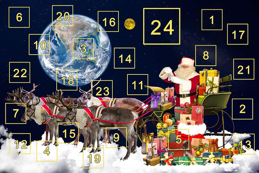 Santa Claus and Earth illustration, advent calendar, gifts, surprise
