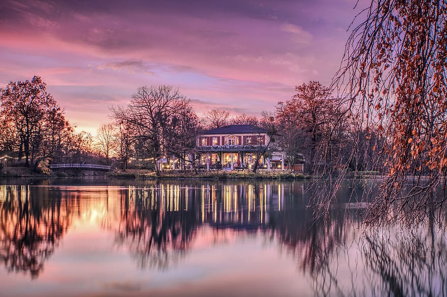 nature, landscape, castle, sunset, color, water, reflection HD wallpaper